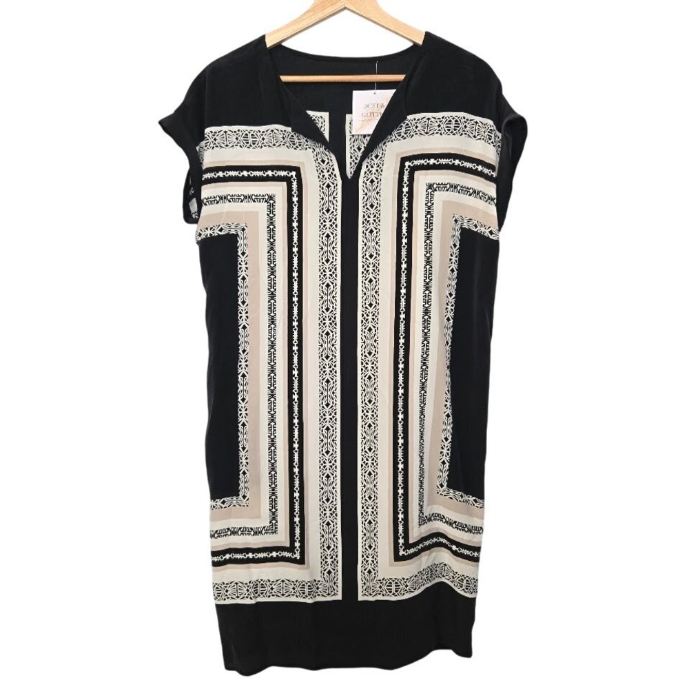 Vintage 100% Silk Womens Black Geometric Print Semi Sheer Tunic Mini Dress Retro